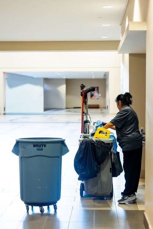 Janitorial staff cleaning a commercial building common area in Philadelphia, PA