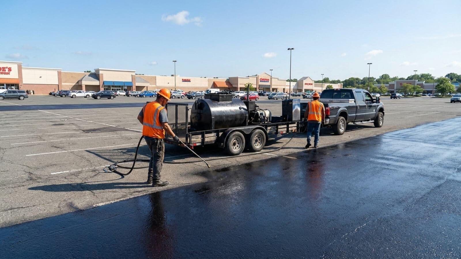 Commercial property maintenance crew servicing a shopping center parking lot in Bucks County, PA